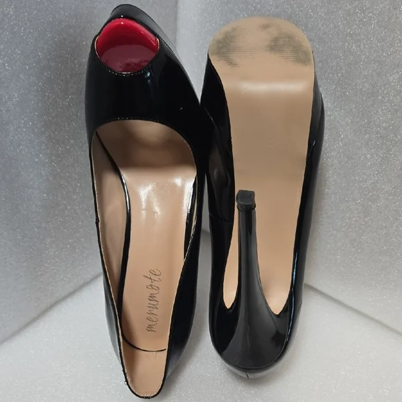Marumote 6" SHINEY BLACK STILETTOS W/ RED PEEP VALENTINE'S DIVA 9.5 - Picture 7 of 17